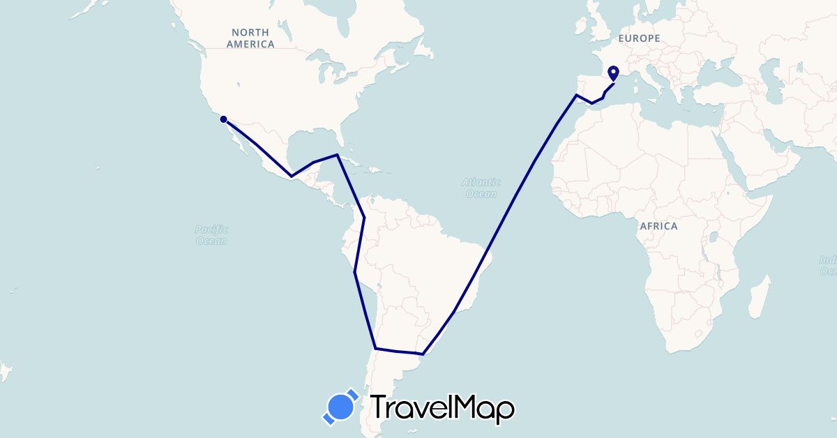 TravelMap itinerary: driving in Argentina, Brazil, Chile, Colombia, Cuba, Spain, Mexico, Peru, Portugal, United States, Uruguay (Europe, North America, South America)